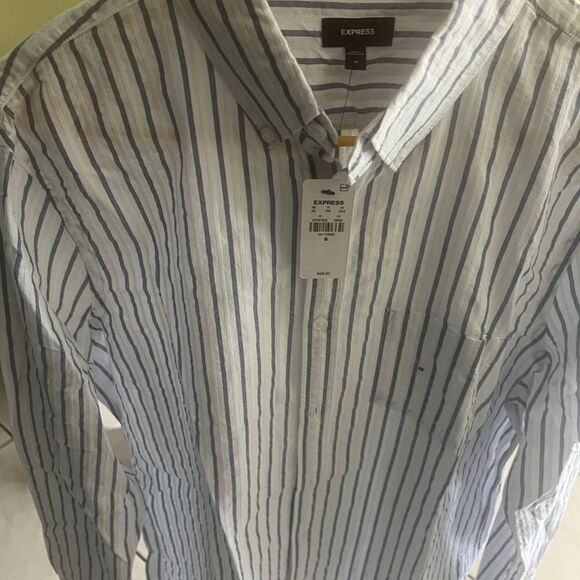 Express White and Blue Casual Button Down Shirt - Picture 3 of 5